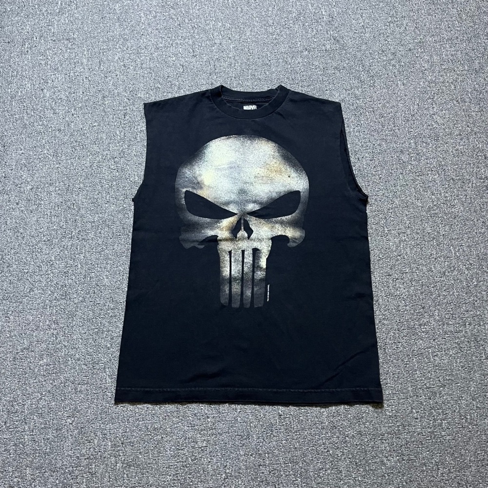 Vintage Marvel Mad Engine Punisher Skull Muscle Tank Top Size M Black 2004 Y2K